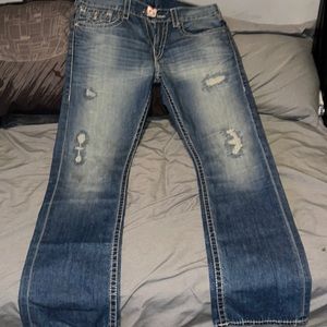 True Religion Jeans size 33 older unique pair Still has Buddha tag Red X on tag